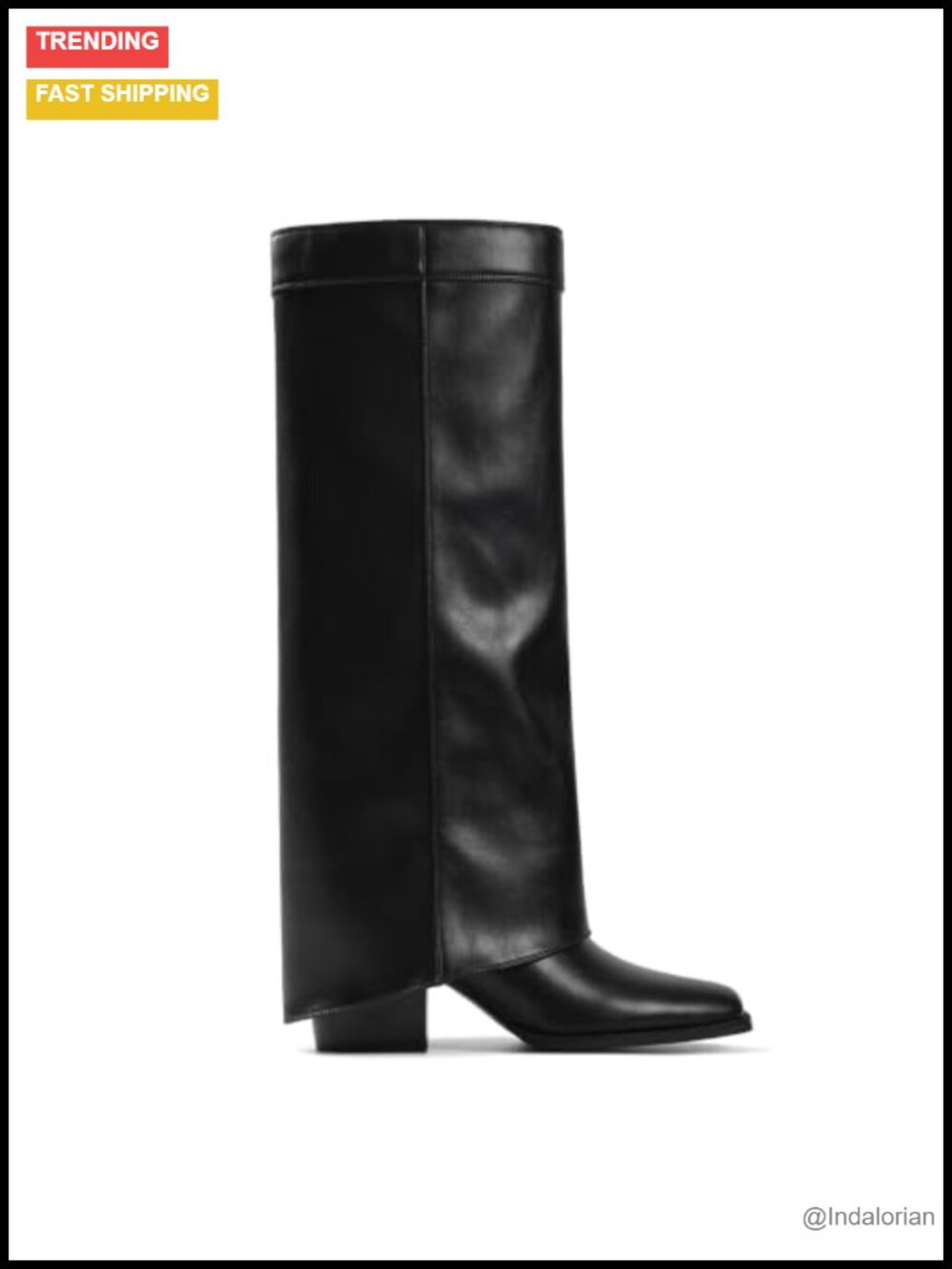 Women's Knee High Fold Over Boots Square Toe Chunky Heel Faux Leather